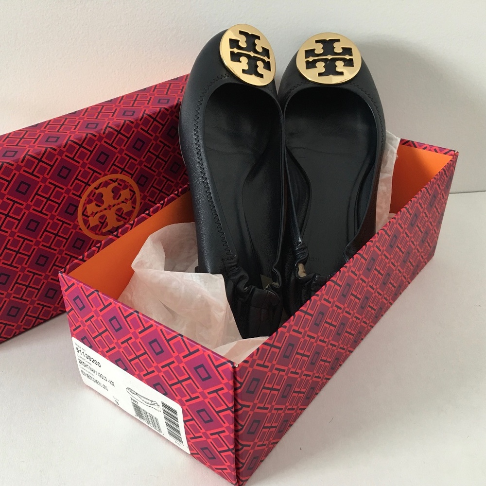 Tory Burch Reva Sz 9 Navy Leather Gold Logo/ Box